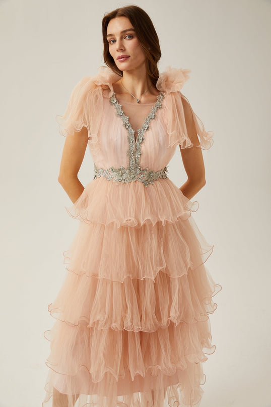 Marina Pink Crystal Embellished Tiered Ruffled V-neck Sleeveless Midi Dress