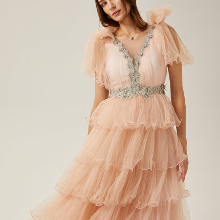Marina Pink Crystal Embellished Tiered Ruffled V-neck Sleeveless Midi Dress