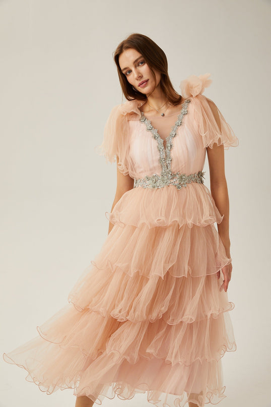 Marina Pink Crystal Embellished Tiered Ruffled V-neck Sleeveless Midi Dress