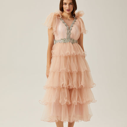 Marina Pink Crystal Embellished Tiered Ruffled V-neck Sleeveless Midi Dress