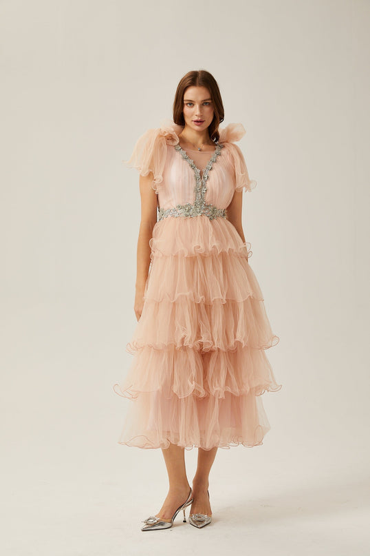 Marina Pink Crystal Embellished Tiered Ruffled V-neck Sleeveless Midi Dress