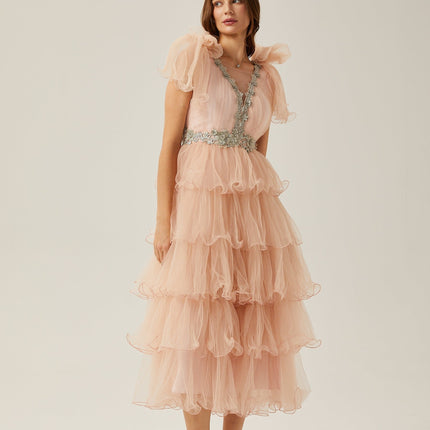 Marina Pink Crystal Embellished Tiered Ruffled V-neck Sleeveless Midi Dress