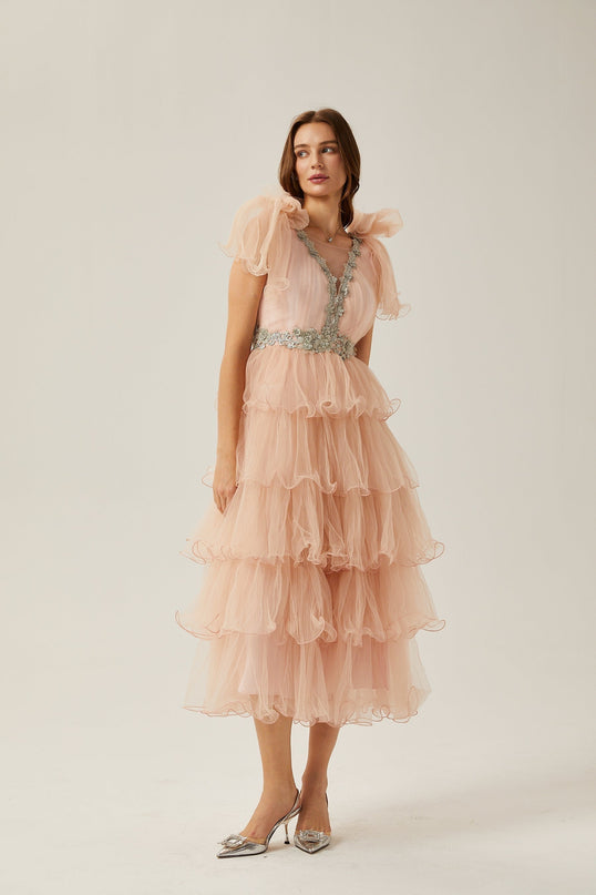 Marina Pink Crystal Embellished Tiered Ruffled V-neck Sleeveless Midi Dress