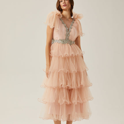 Marina Pink Crystal Embellished Tiered Ruffled V-neck Sleeveless Midi Dress