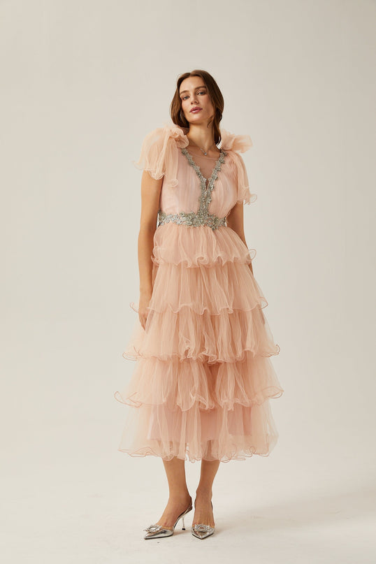 Marina Pink Crystal Embellished Tiered Ruffled V-neck Sleeveless Midi Dress