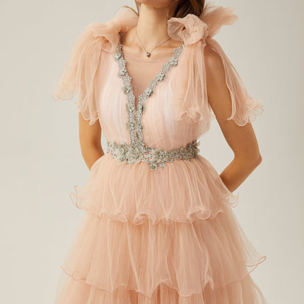 Marina Pink Crystal Embellished Tiered Ruffled V-Neck Sleeveless Midi Dress