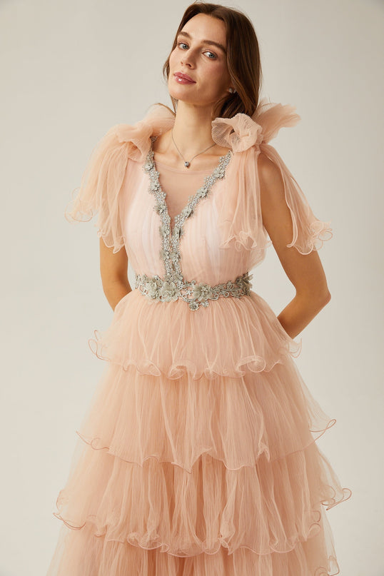 Marina Pink Crystal Embellished Tiered Ruffled V-Neck Sleeveless Midi Dress