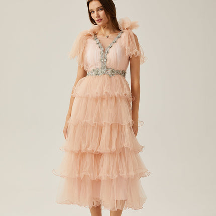 Marina Pink Crystal Embellished Tiered Ruffled V-neck Sleeveless Midi Dress