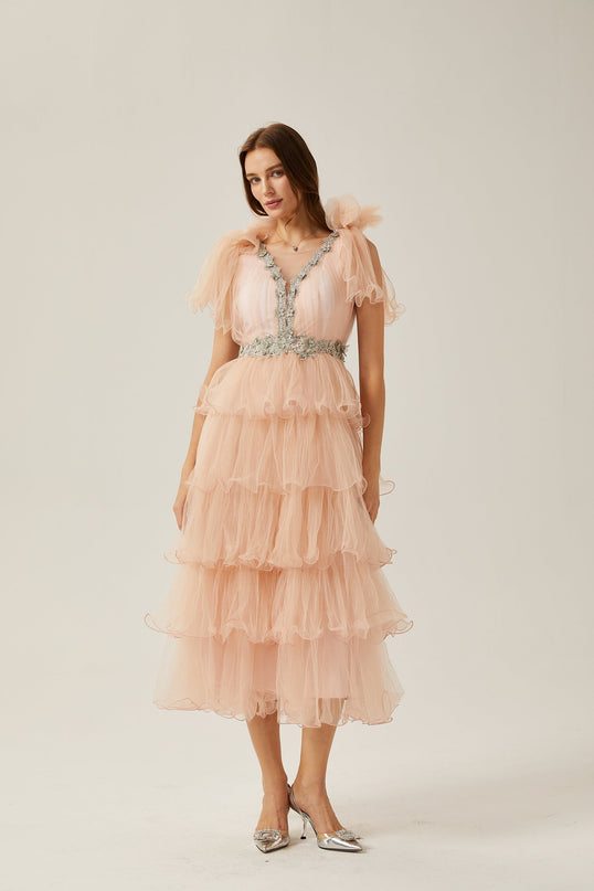 Marina Pink Crystal Embellished Tiered Ruffled V-neck Sleeveless Midi Dress