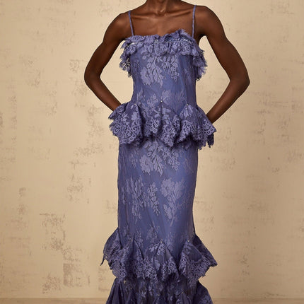 Marina Purple Lace Maxi Dress with Rhinestone Embellishments and Ruffled Detailing