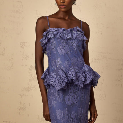 Marina Purple Lace Maxi Dress with Rhinestone Embellishments and Ruffled Detailing
