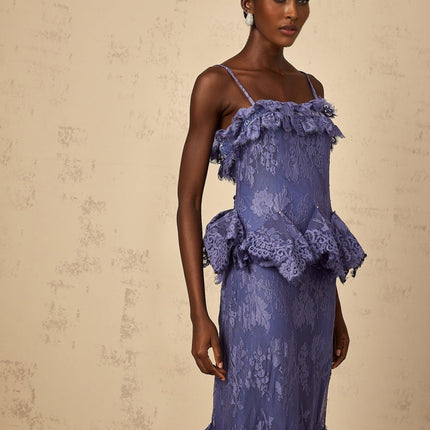Marina Purple Lace Maxi Dress with Rhinestone Embellishments and Ruffled Detailing