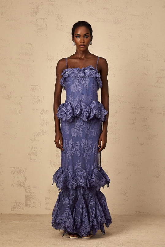 Marina Purple Lace Maxi Dress with Rhinestone Embellishments and Velvet Panelling