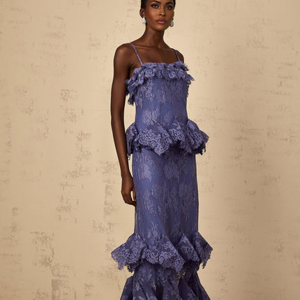 Marina Purple Lace Maxi Dress with Rhinestone Embellishments and Ruffled Detailing