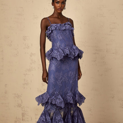 Marina Purple Floral Lace Maxi Dress with Rhinestone Embellishments and Ruffled Detailing