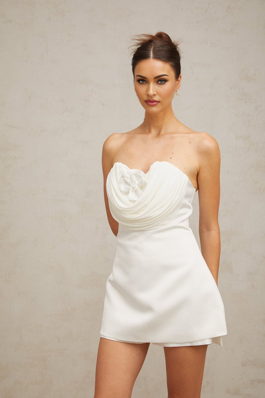 Marina White Floral Appliqué Off-Shoulder Mini Dress