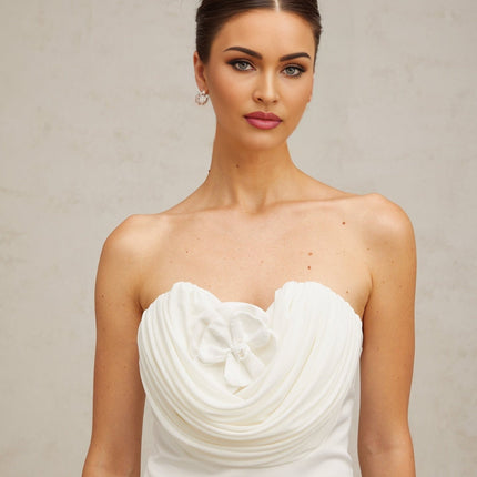 Marina White Floral Appliqué Off-Shoulder Mini Dress