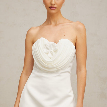 Marina White Floral Appliqué Ruched Mini Dress