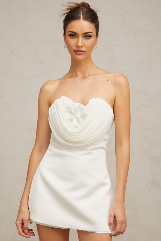 Marina White Floral Appliqué Ruched Mini Dress