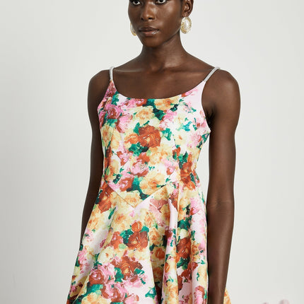 Marina White Floral Mini Dress Square Neckline Spaghetti Straps A-Line Skirt Rear Zip Fastening Polyester Spandex