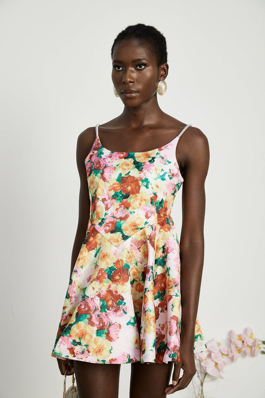 Marina White Floral Mini Dress Square Neckline Spaghetti Straps A-Line Skirt Rear Zip Fastening Polyester Spandex