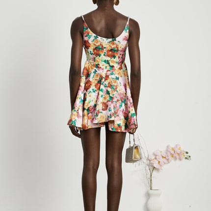 Marina White Floral Mini Dress Square Neckline Spaghetti Straps A-line Skirt Rear Zip Fastening Polyester Spandex Modern Muse Elegance