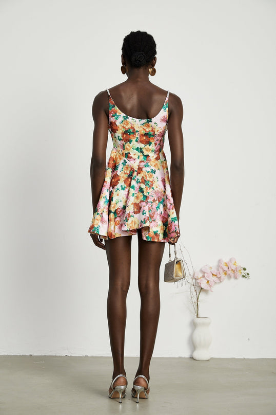 Marina White Floral Mini Dress Square Neckline Spaghetti Straps A-line Skirt Rear Zip Fastening Polyester Spandex Modern Muse Elegance