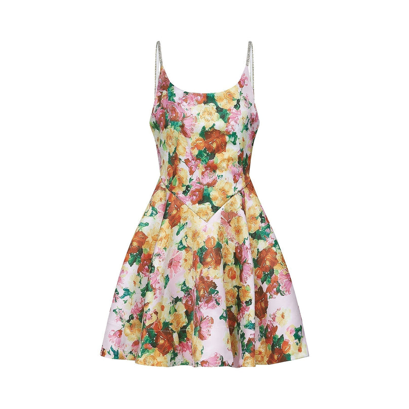 Marina White Floral Mini Dress Square Neckline Spaghetti Straps A-line Skirt Rear Zip Fastening Polyester Spandex Modern Muse Style Comfort