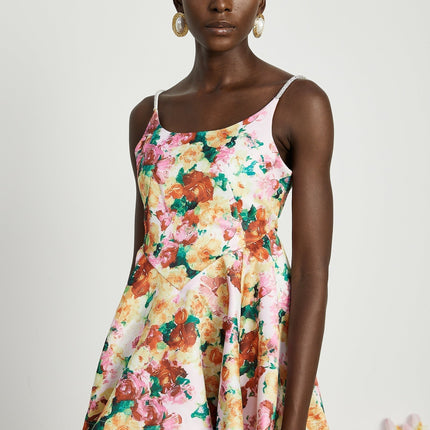 Marina White Floral Print Mini Dress Square Neckline Spaghetti Straps A-line Skirt Rear Zip Fastening Polyester Spandex Blend