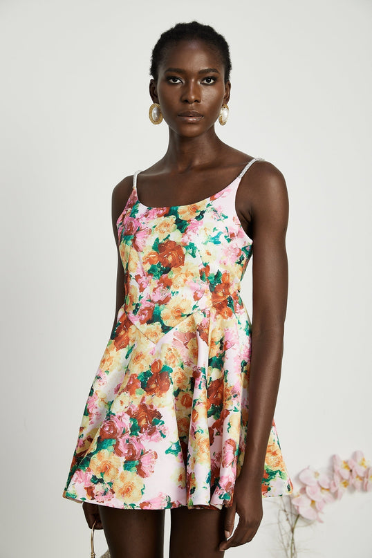Marina White Floral Print Mini Dress Square Neckline Spaghetti Straps A-line Skirt Rear Zip Fastening Polyester Spandex Blend