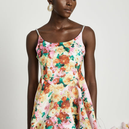 Marina White Mini Dress Square Neckline Spaghetti Straps Floral Print A-line Skirt Rear Zip Fastening Polyester Spandex