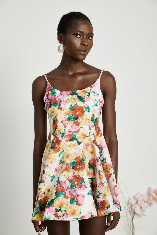 Marina White Mini Dress Square Neckline Spaghetti Straps Floral Print A-line Skirt Rear Zip Fastening Polyester Spandex