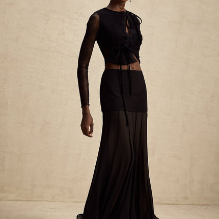 Mariolina Black Lace Trimmed Cropped Top Embossed Design Round Neck Long Sleeves See-Through Style Front Lace-Up Fastening Luxurious Blend