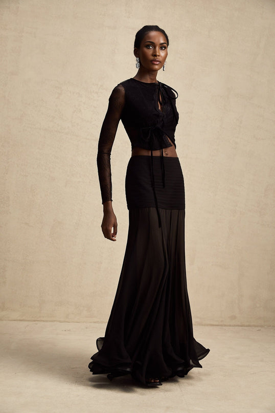 Mariolina Black Lace Trimmed Cropped Top Embossed Design Round Neck Long Sleeves See-Through Style Front Lace-Up Fastening Luxurious Blend