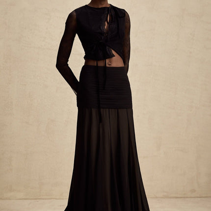 Mariolina Black Lace Cropped Top Embossed Design Round Neck Long Sleeves