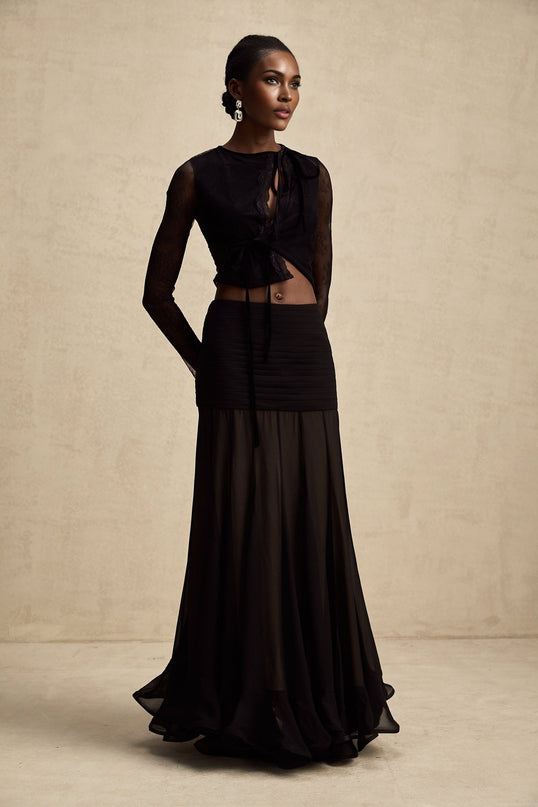 Mariolina Black Lace Cropped Top Embossed Design Round Neck Long Sleeves
