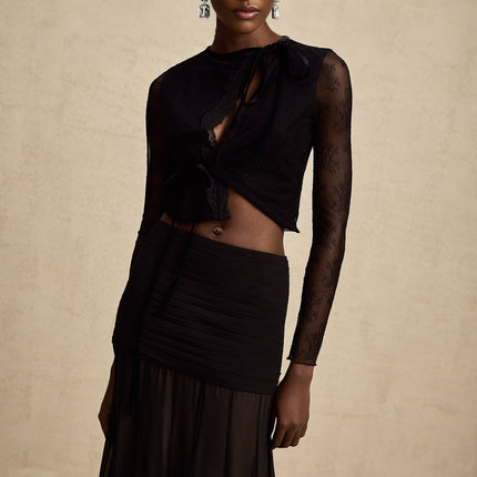 Mariolina Black Lace Cropped Top with Embossed Design