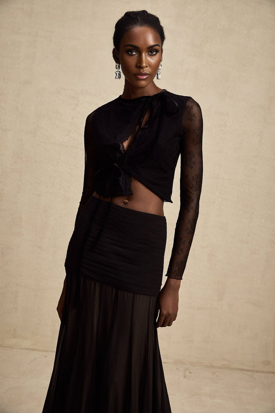 Mariolina Black Lace Cropped Top with Embossed Design
