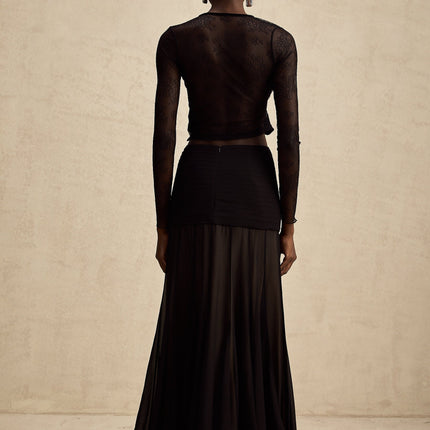 Mariolina Black Lace Cropped Top Embossed Design Round Neck Long Sleeves Lace-Up Fastening Sheer Elegance