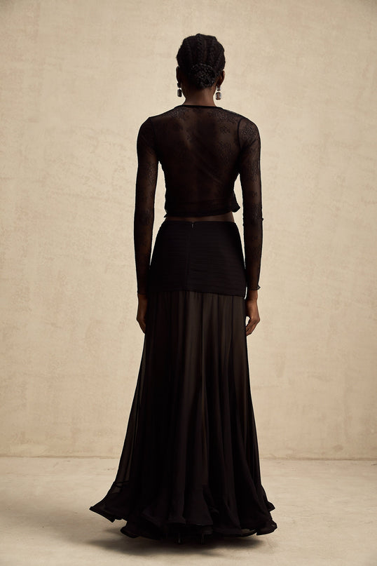 Mariolina Black Lace Cropped Top Embossed Design Round Neck Long Sleeves Lace-Up Fastening Sheer Elegance
