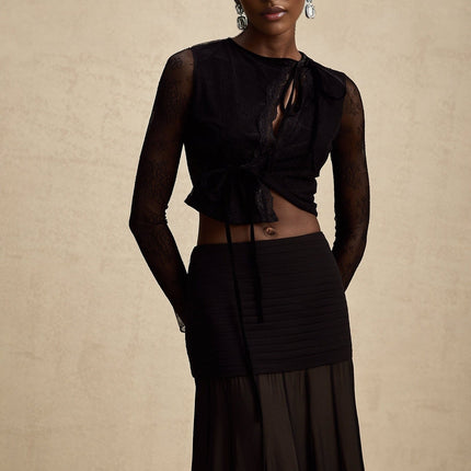 Mariolina Black Lace Cropped Top Embossed Design Round Neck Long Sleeves Lace-Up Fastening Sheer Elegance Sophistication Allure Luxurious Blend Polyamide Cotton Fashion-Forward