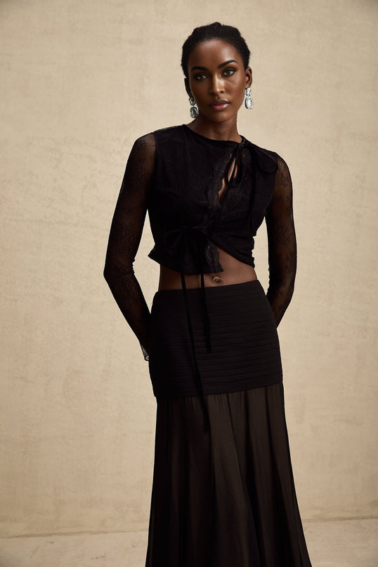 Mariolina Black Lace Cropped Top Embossed Design Round Neck Long Sleeves Lace-Up Fastening Sheer Elegance Sophistication Allure Luxurious Blend Polyamide Cotton Fashion-Forward