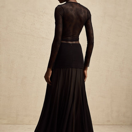 Mariolina Black Lace Cropped Top Embossed Design Round Neck Long Sleeves Front Lace-Up Fastening Sheer Elegance