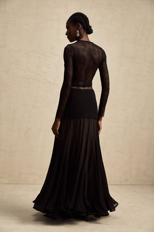 Mariolina Black Lace Cropped Top Embossed Design Round Neck Long Sleeves Front Lace-Up Fastening Sheer Elegance