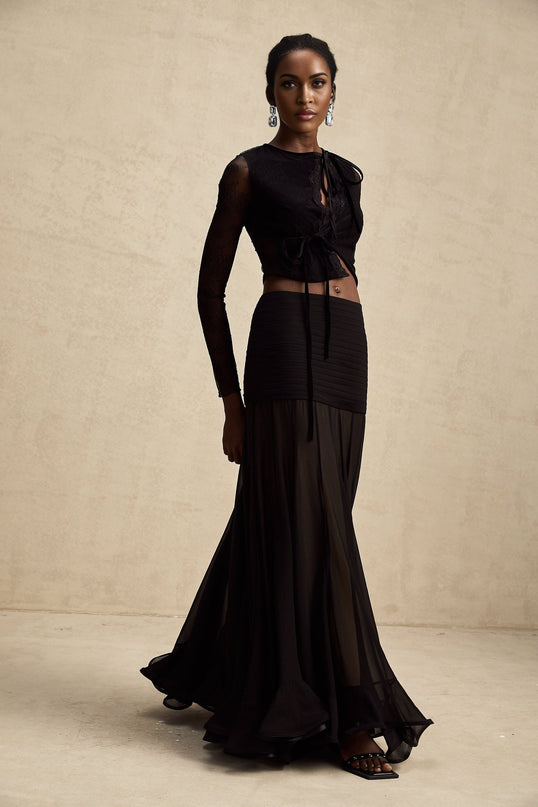 Mariolina Black Lace Cropped Top Embossed Design Long Sleeve Round Neck Polyamide Cotton Blend