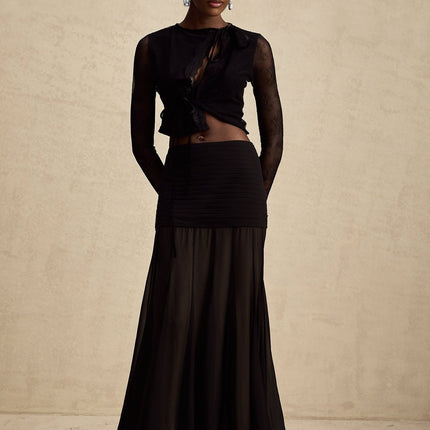 Mariolina Black Lace Trimmed Cropped Top Embossed Design Round Neck Long Sleeves See-Through Style Front Lace-Up Fastening Luxurious Blend Polyamide Cotton Fashion-Forward Sophistication