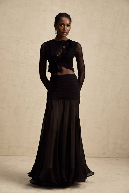 Mariolina Black Lace Trimmed Cropped Top Embossed Design Round Neck Long Sleeves See-Through Style Front Lace-Up Fastening Luxurious Blend Polyamide Cotton Fashion-Forward Sophistication