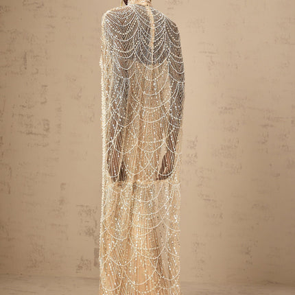 Mariolina Champagne Tulle Cape and Gown with Bead and Sequin Embellishments