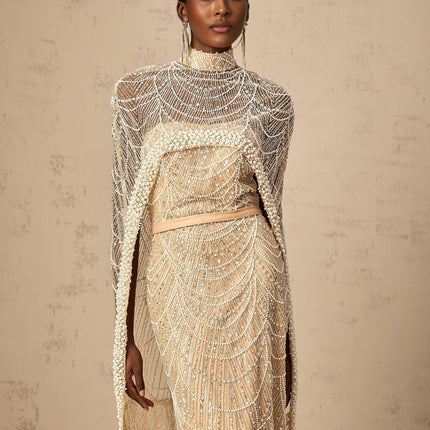 Mariolina Champagne Tulle Cape Gown with Bead and Sequin Embellishments