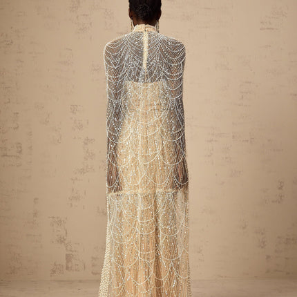 Mariolina Champagne Tulle Cape Gown with Bead and Sequin Embellishments